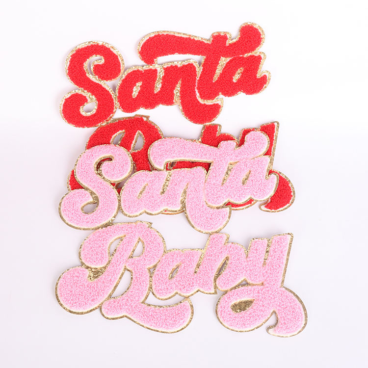 卸売クリスマスシェニルパッチ赤いピンクのビッグアイアンは、衣類用の金色のキラキラと一緒に刺繍されたサンタベイビーシェニルパッチ