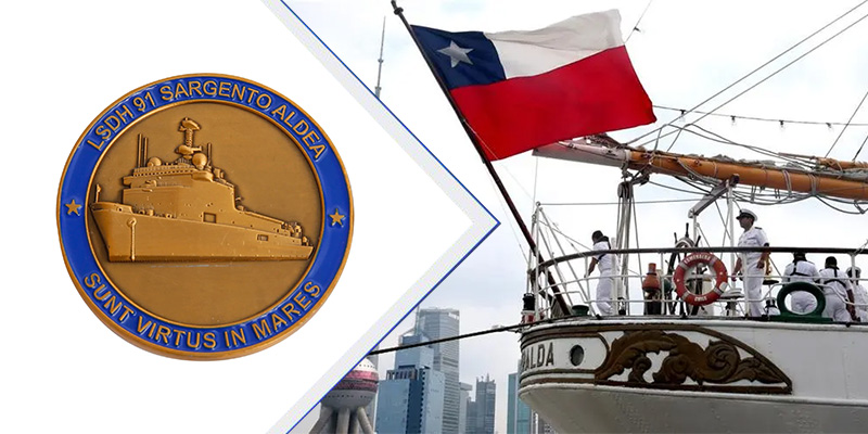 チリ海軍チャレンジコインで海軍船のデザインを発表する